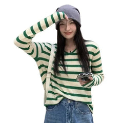 Oversize Stripe Long Sleeve V-Neck Knitted Sweater - Green