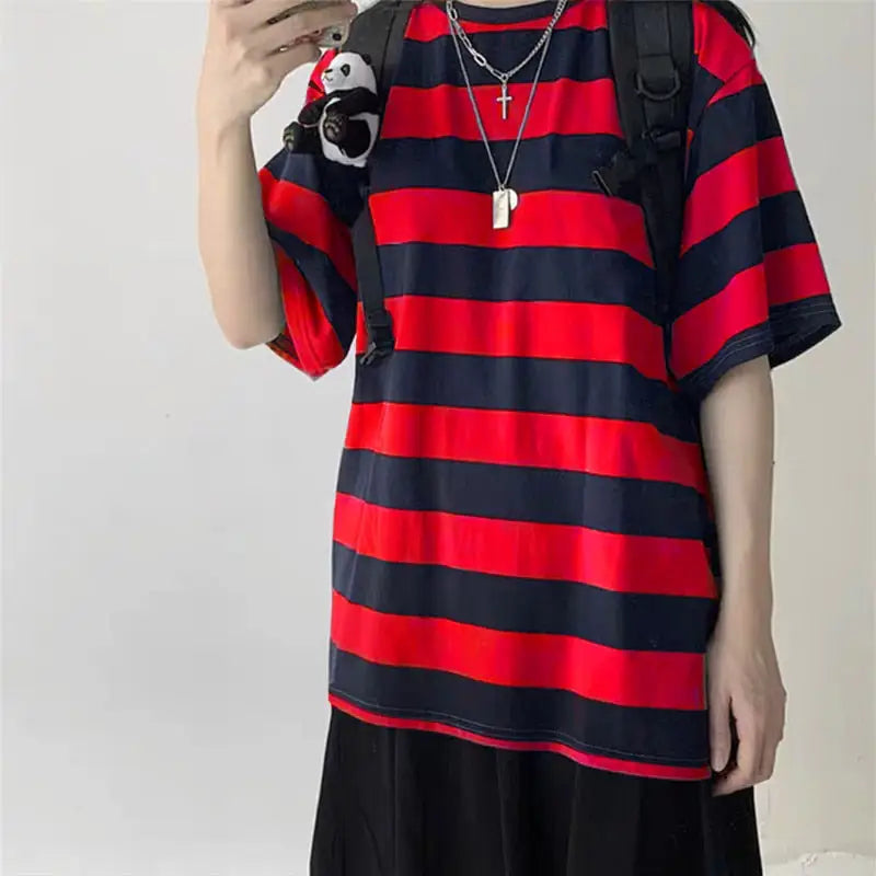 Oversize Striped Colors Long Sleeve T Shirt Red / M