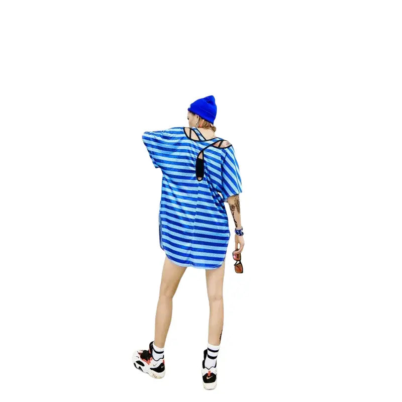 Oversize Women Shirt Black Cat Short Sleeves Tee Dress Blue