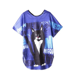 Oversize Women Shirt Black Cat Short Sleeves Tee Dress Blue
