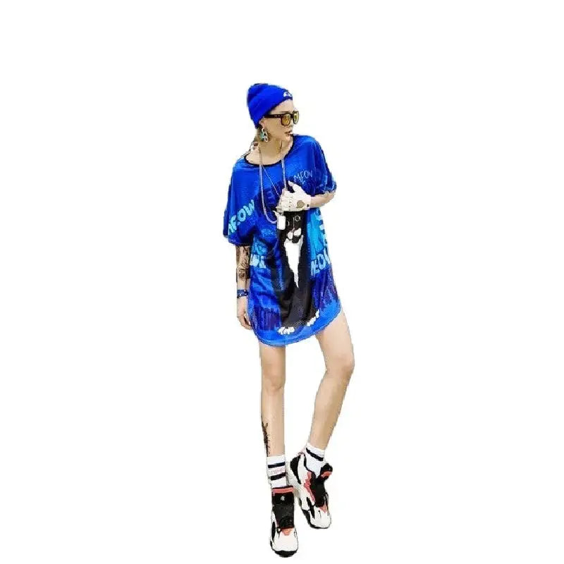 Oversize Women Shirt Black Cat Short Sleeves Tee Dress Blue