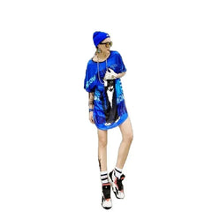 Oversize Women Shirt Black Cat Short Sleeves Tee Dress Blue