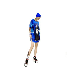 Oversize Women Shirt Black Cat Short Sleeves Tee Dress Blue