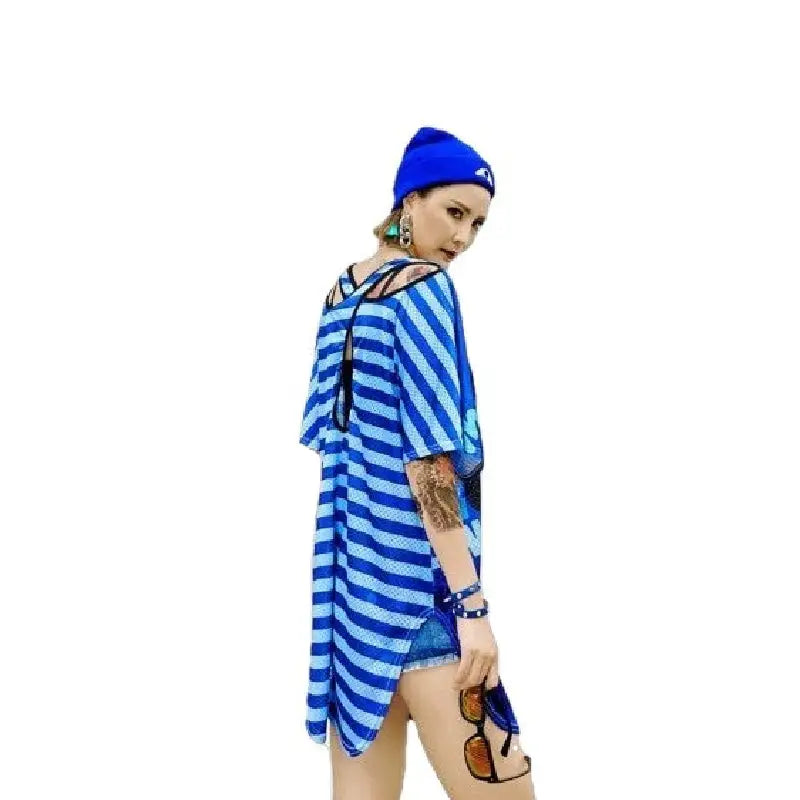 Oversize Women Shirt Black Cat Short Sleeves Tee Dress Blue