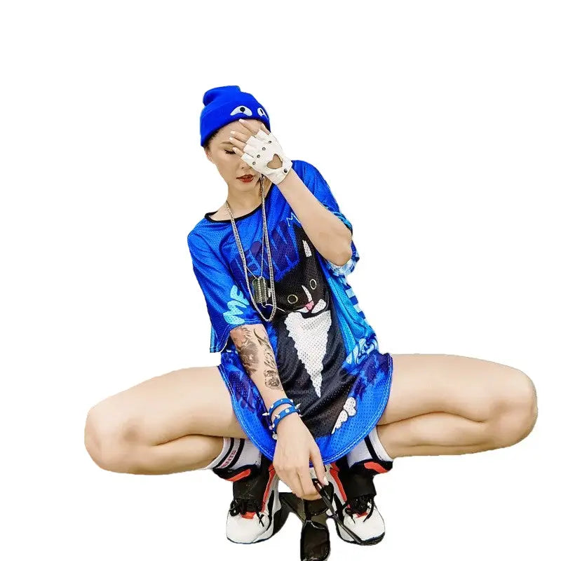 Oversize Women Shirt Black Cat Short Sleeves Tee Dress Blue