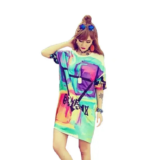 Oversize Women Shirt Psychedelic Colors Short Sleeve Loose