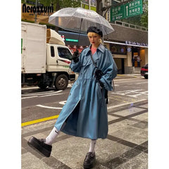 Oversized Blue PU Leather Trench Coat