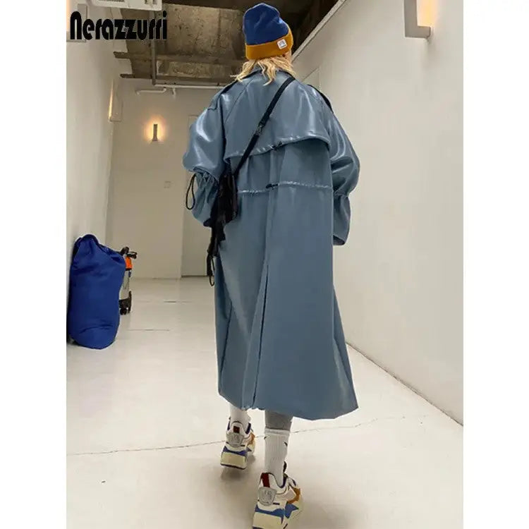 Oversized Blue PU Leather Trench Coat