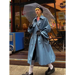 Oversized Blue PU Leather Trench Coat