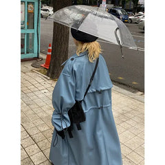 Oversized Blue PU Leather Trench Coat