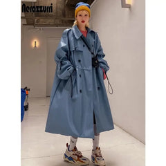 Oversized Blue PU Leather Trench Coat