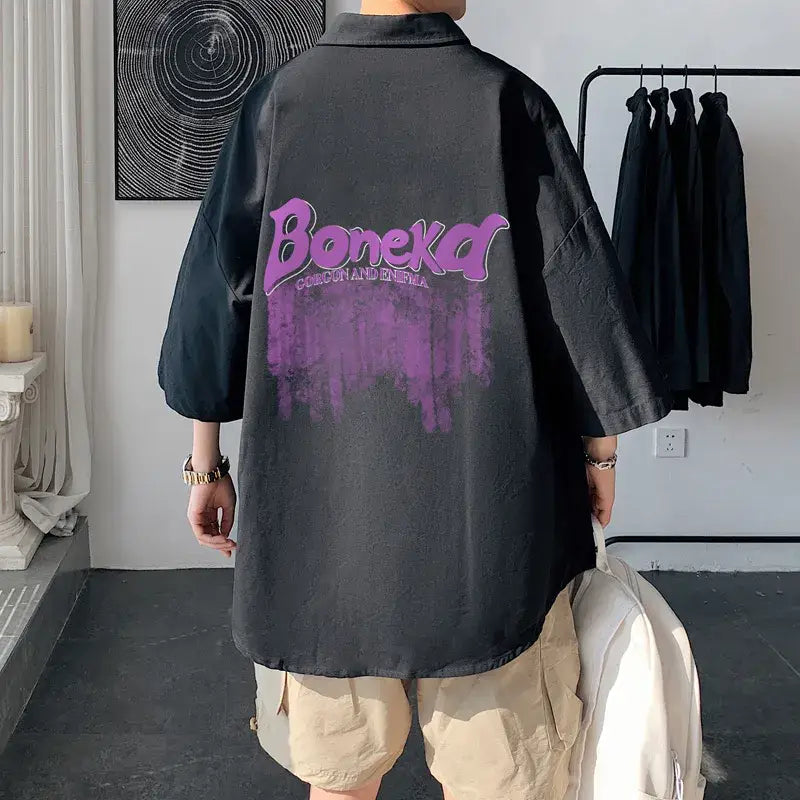 Oversized Button Half Sleeve Shirt with Turn Down Collar