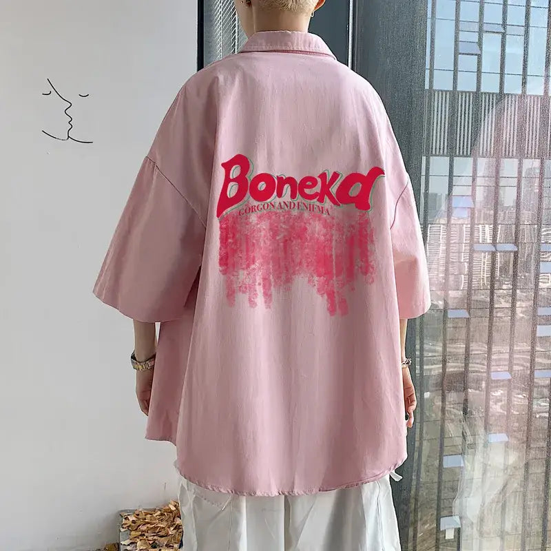 Oversized Button Half Sleeve Shirt with Turn Down Collar