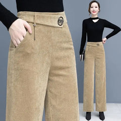 Oversized Corduroy Wide Leg High Waist Pants - Khaki / M
