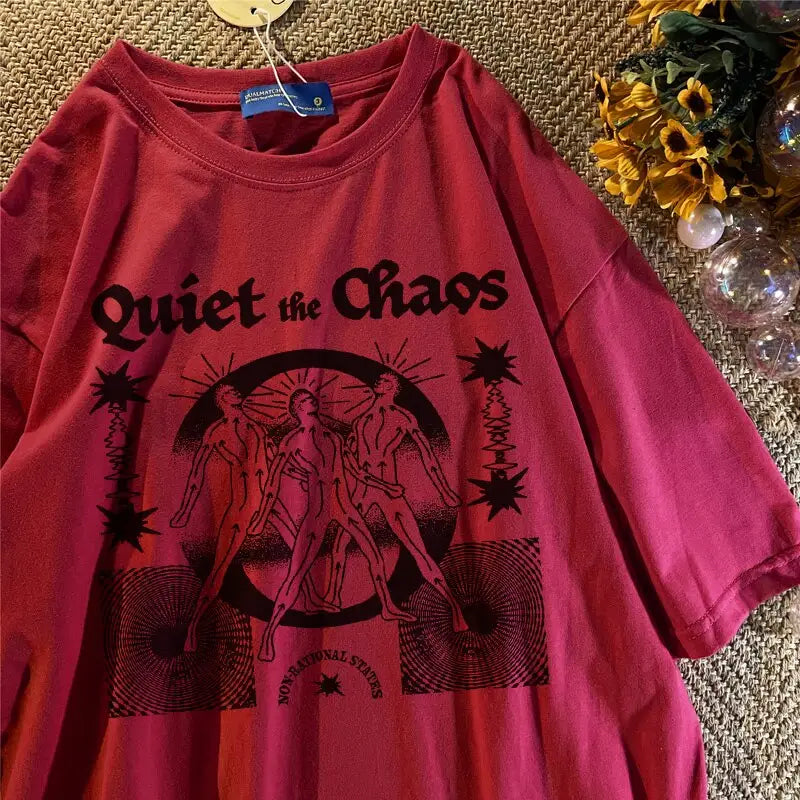 Oversized Cotton Chaos Printed Aesthetic T Shirt Red / S