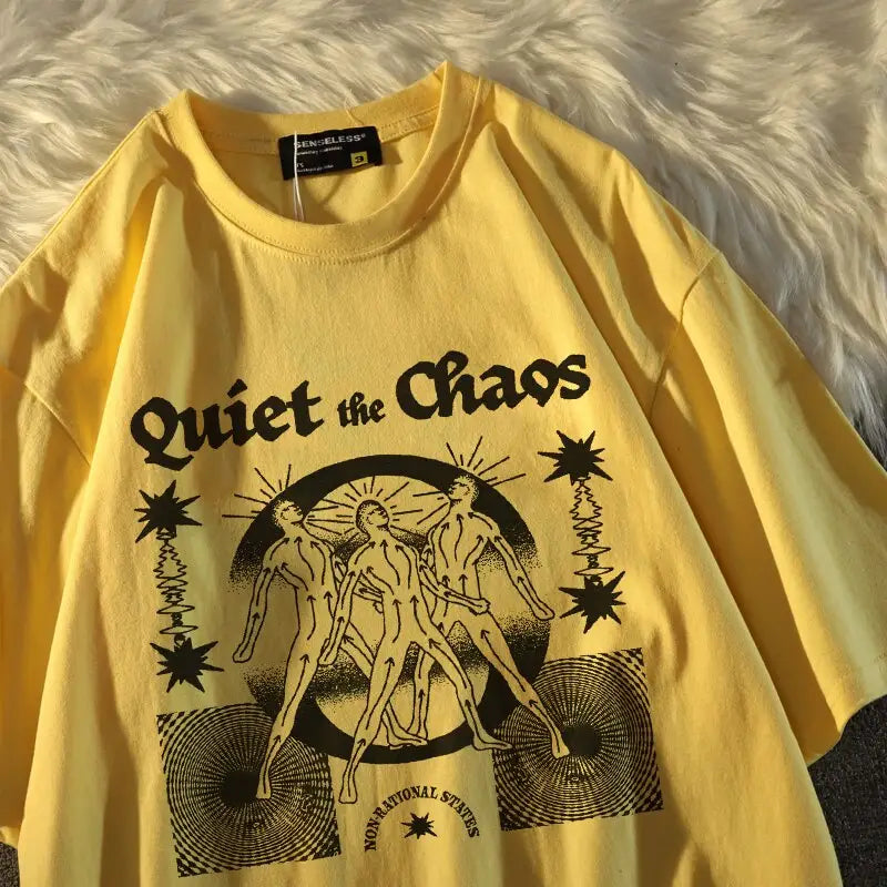 Oversized Cotton Chaos Printed Aesthetic T Shirt Yellow / S