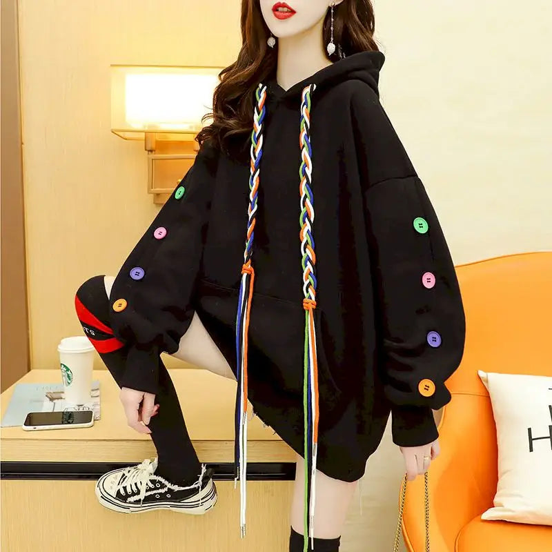 Oversized Embellished Hoodies with Colorful Buttons Black