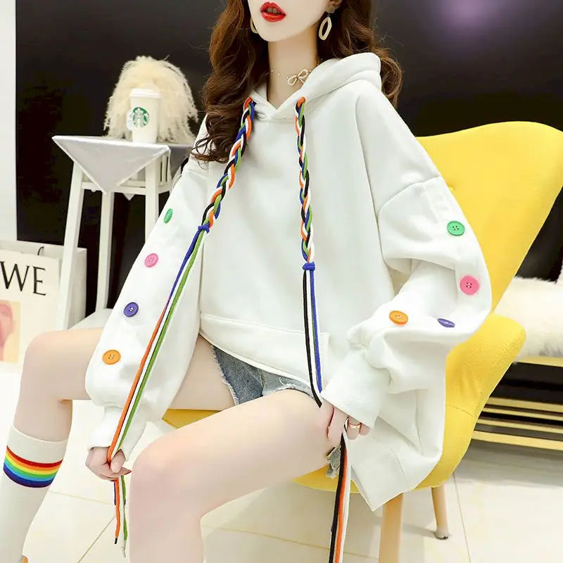 Oversized Embellished Hoodies with Colorful Buttons White