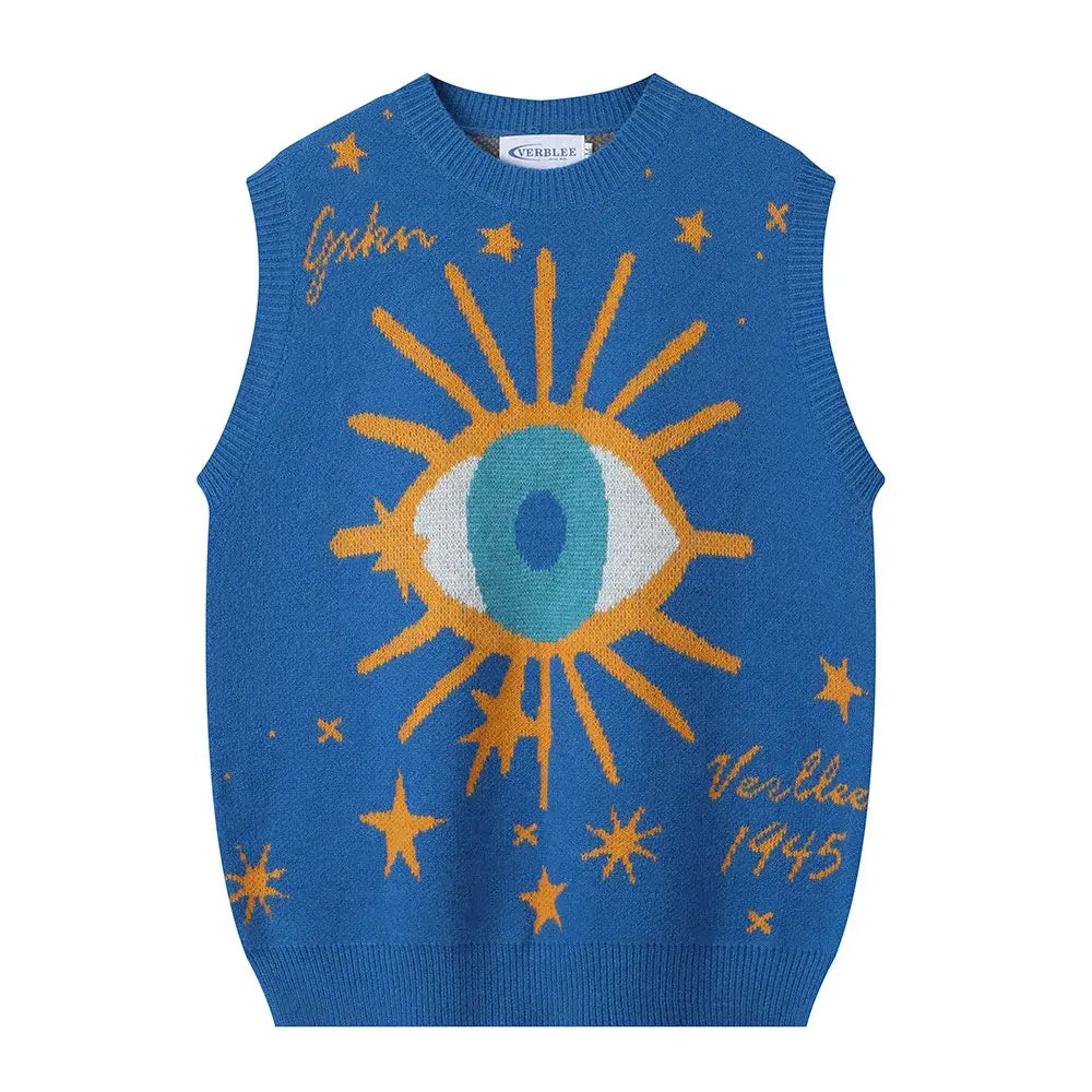 Oversized Eye Print Star Round Neck Vest - Blue / M