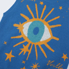 Oversized Eye Print Star Round Neck Vest - Knitted