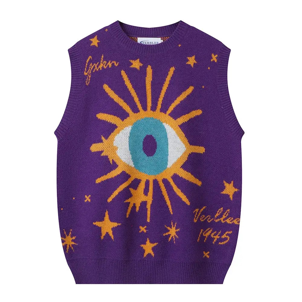 Oversized Eye Print Star Round Neck Vest - Purple / M