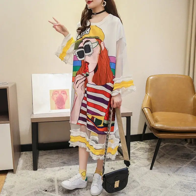 Oversized Flare Sleeves Cartoon Print T-Shirt Dress - UrbanWearOutsiders Oversized Flare Sleeves Cartoon Print T-Shirt Dress - UrbanWearOutsiders
