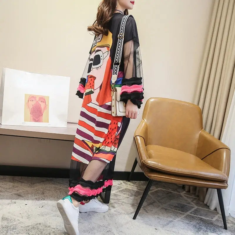Oversized Flare Sleeves Cartoon Print T-Shirt Dress - UrbanWearOutsiders Oversized Flare Sleeves Cartoon Print T-Shirt Dress - UrbanWearOutsiders