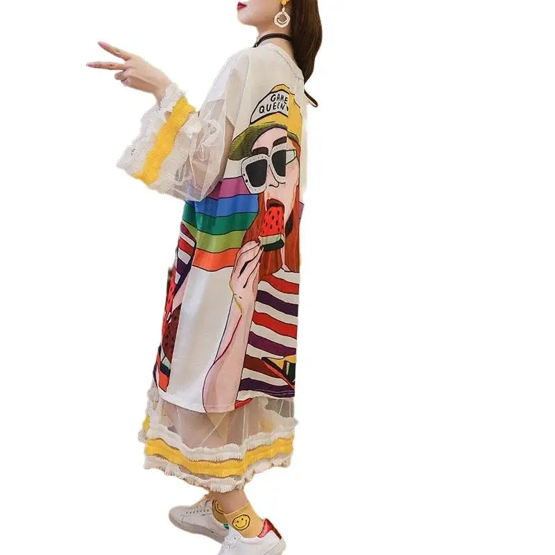 Oversized Flare Sleeves Cartoon Print T-Shirt Dress - UrbanWearOutsiders Oversized Flare Sleeves Cartoon Print T-Shirt Dress - UrbanWearOutsiders