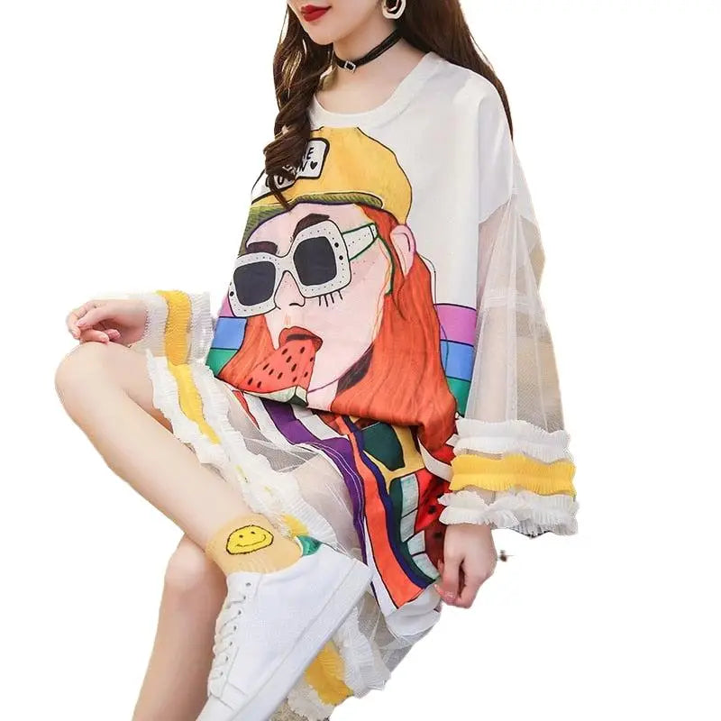 Oversized Flare Sleeves Cartoon Print T-Shirt Dress - UrbanWearOutsiders Oversized Flare Sleeves Cartoon Print T-Shirt Dress - UrbanWearOutsiders
