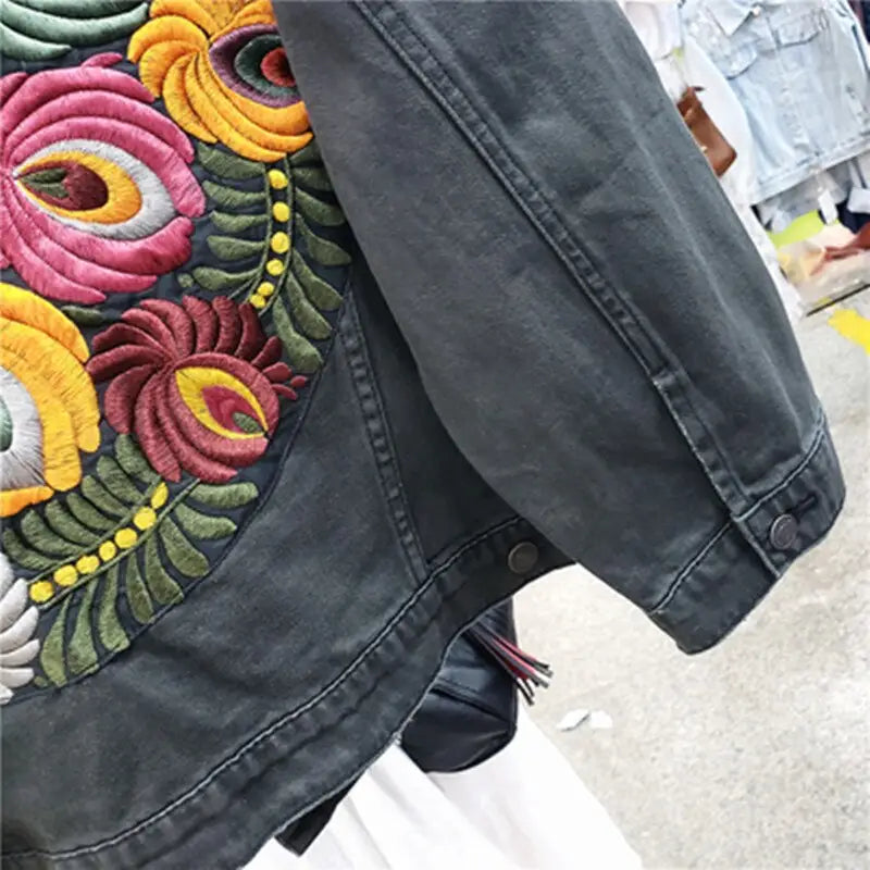 Oversized Floral Embroidered Denim Jacket - One Size