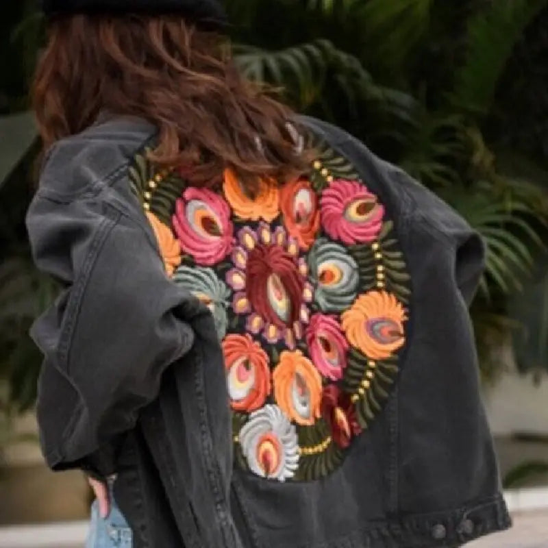Oversized Floral Embroidered Denim Jacket - One Size