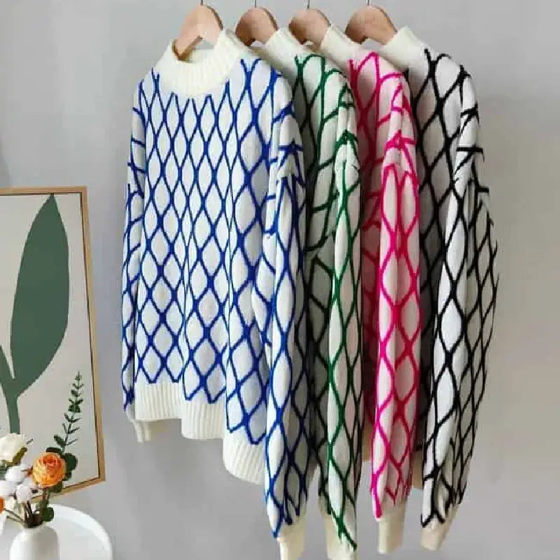 Oversized Green Plaid Sweater Half Turtleneck Knit Top