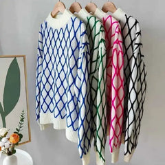 Oversized Green Plaid Sweater Half Turtleneck Knit Top