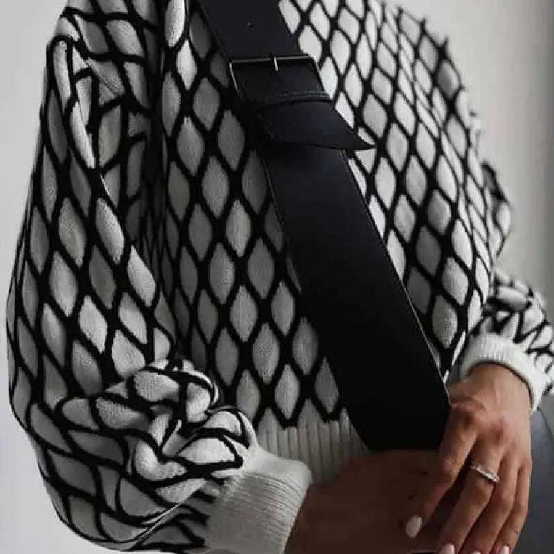 Oversized Green Plaid Sweater Half Turtleneck Knit Top