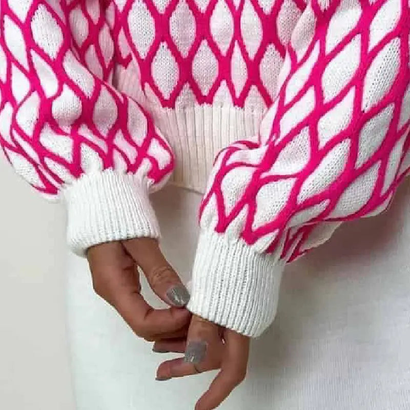 Oversized Green Plaid Sweater Half Turtleneck Knit Top