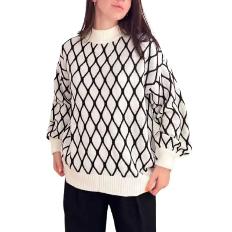 Oversized Green Plaid Sweater Half Turtleneck Knit Top