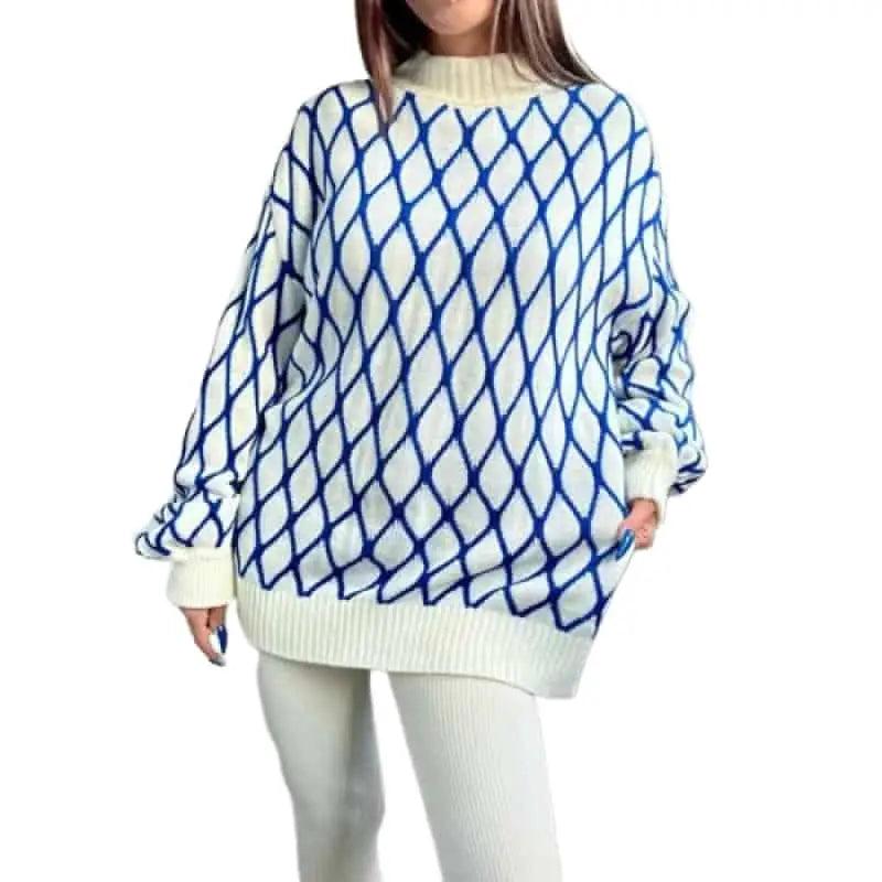 Oversized Green Plaid Sweater Half Turtleneck Knit Top Blue