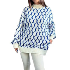 Oversized Green Plaid Sweater Half Turtleneck Knit Top Blue