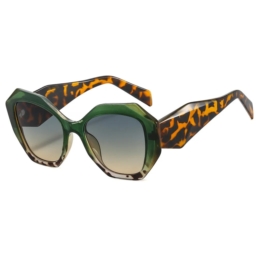 Oversized hexagon tortoiseshell sunglasses with green gradient lenses and bold frame design