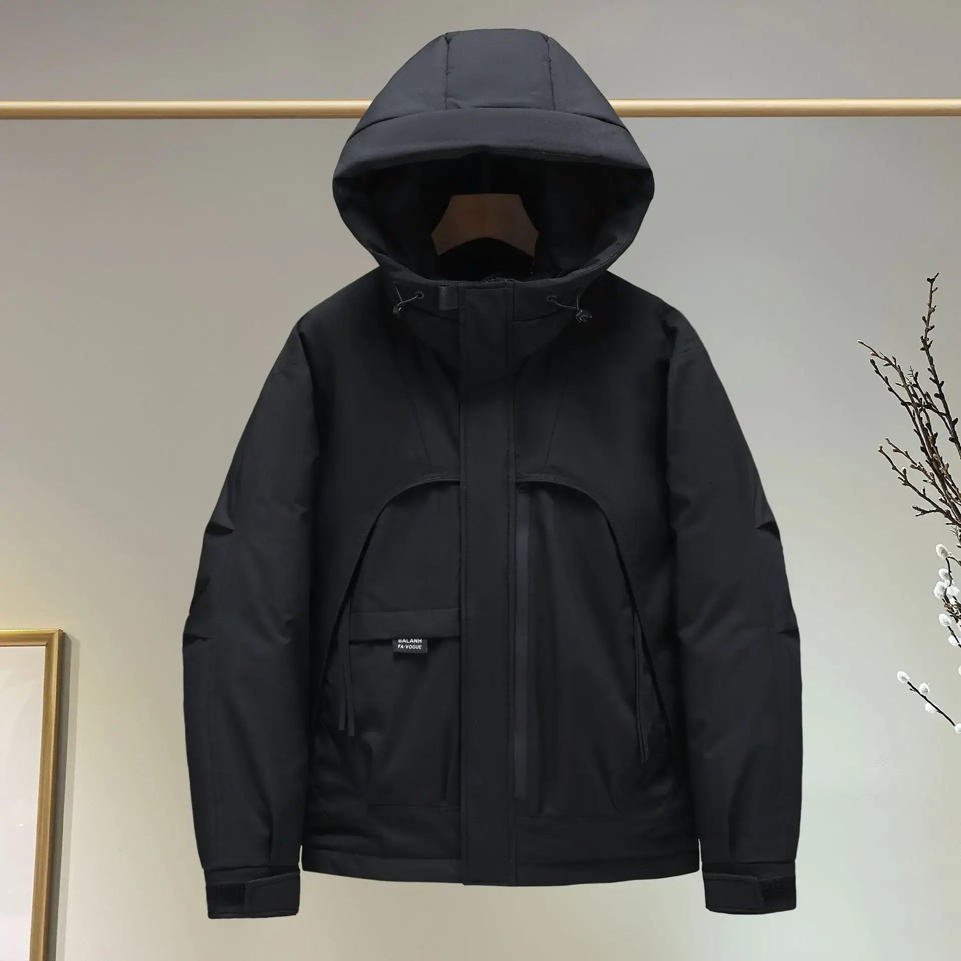 Black Oversized Hooded Windbreaker Jacket with hood and zipper, featuring stylish streetwear design