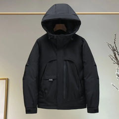 Black Oversized Hooded Windbreaker Jacket with hood and zipper, featuring stylish streetwear design
