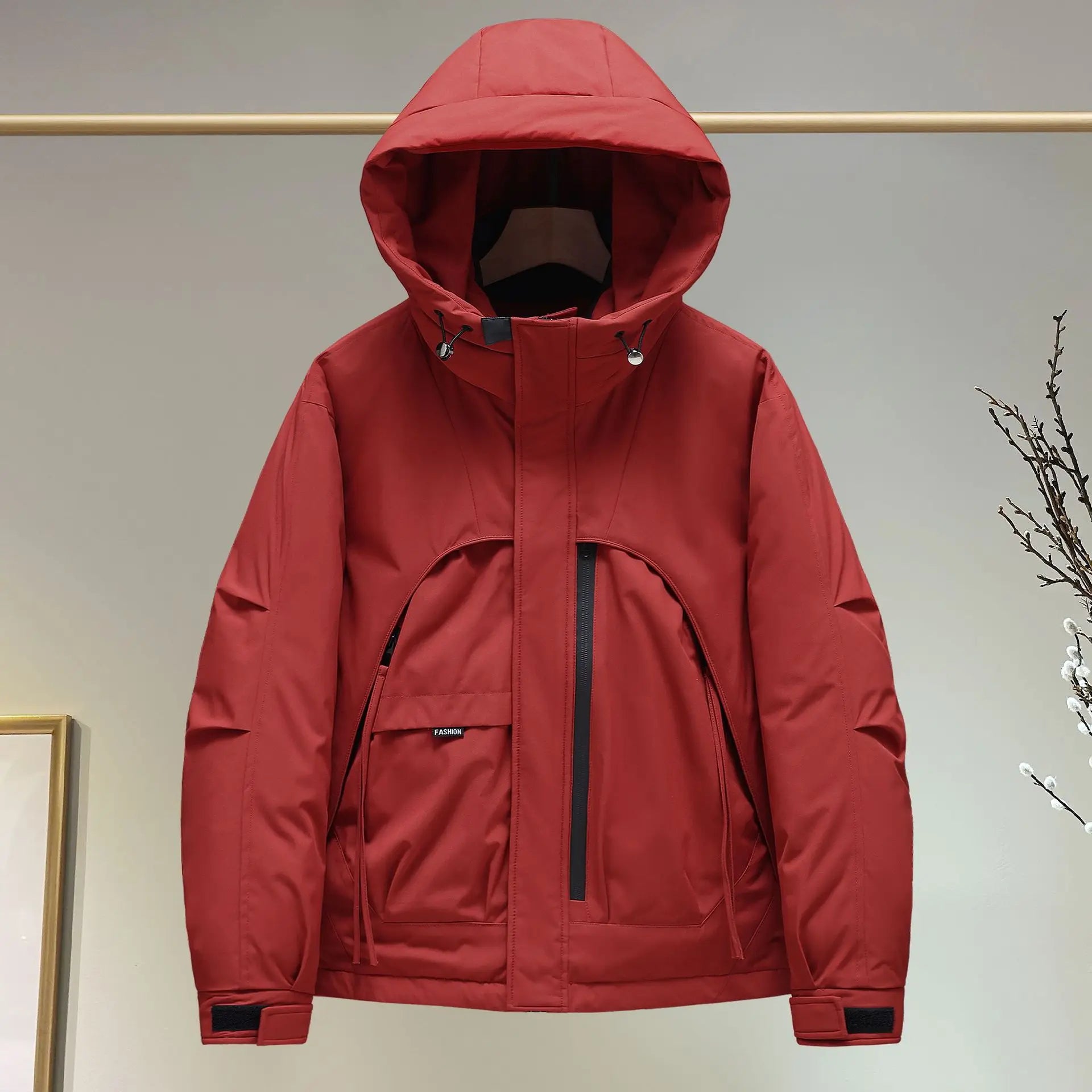 Red Oversized Hooded Windbreaker Jacket with zip-up closure and functional pockets for outdoor adventures.