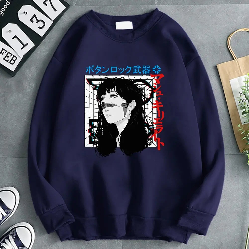 Oversized Japanese Cyberpunk Sweatshirt - Dark Blue / S