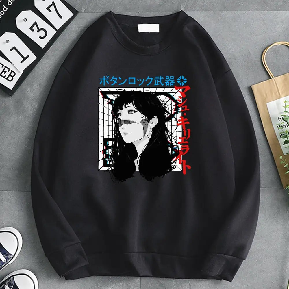 Oversized Japanese Cyberpunk Sweatshirt Long Sleeve Black