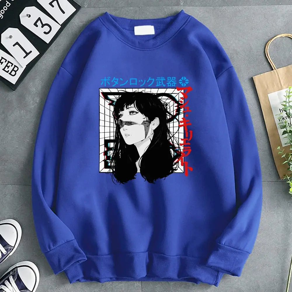 Oversized Japanese Cyberpunk Sweatshirt Long Sleeve Blue / S