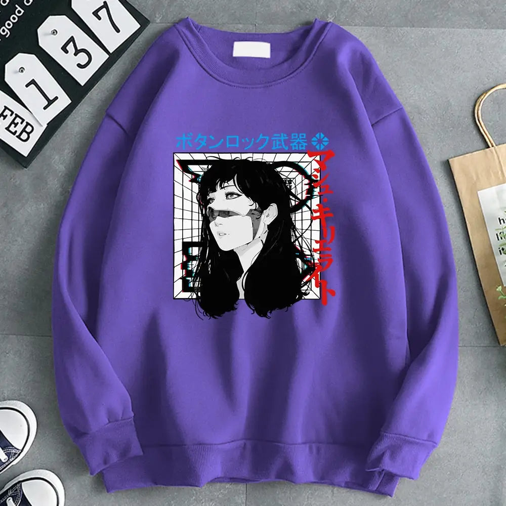 Oversized Japanese Cyberpunk Sweatshirt Long Sleeve Purple