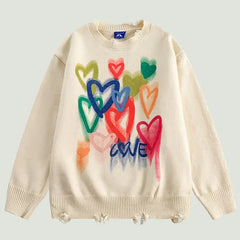 Oversized Knitted Heart Hole Loose Y2K Sweatshirt - Beige