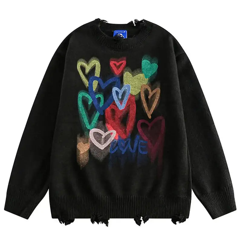 Oversized Knitted Heart Hole Loose Y2K Sweatshirt - Black
