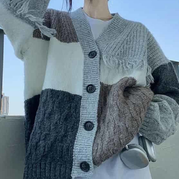 Oversized Knitted Long Sleeve V Neck Cardigan - Light grey /