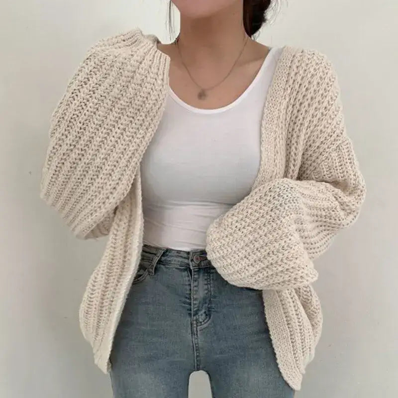 Oversized Knitted Long Sleeve Sweater - One Size / Beige